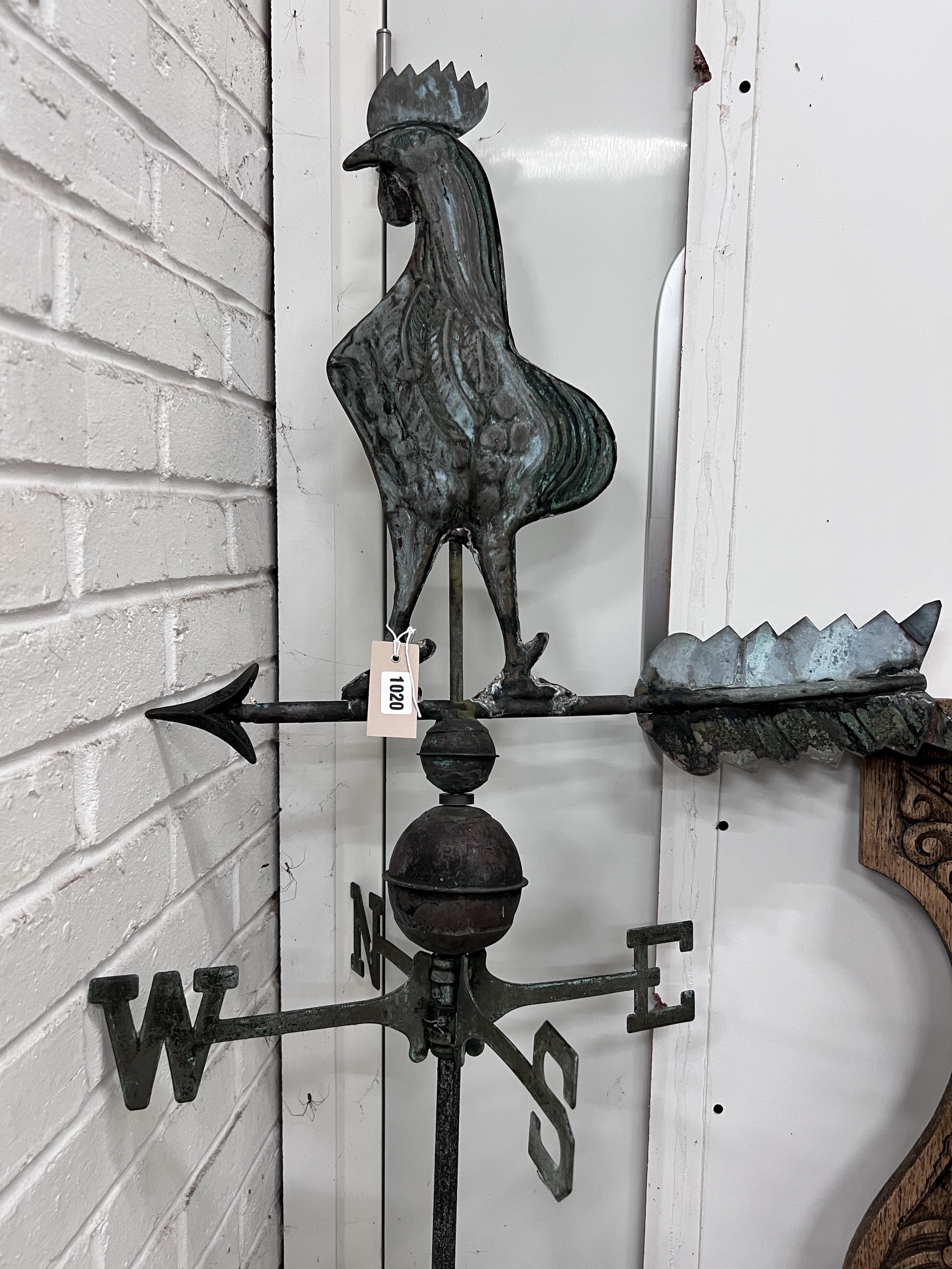 A copper and wrought iron cockerel weathervane, height 192cm